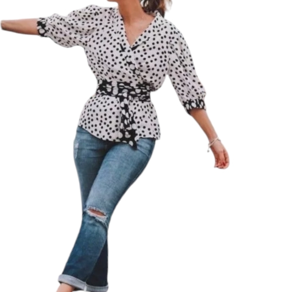 Zara Trf Viral Polka Dot Wrap Blouse With 3/4 Puff Sleeves